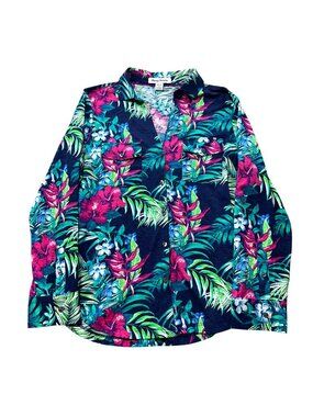 Tommy Bahama Women's Sz M Floral Button-Up Shirt Tropical Print Long Sleeve